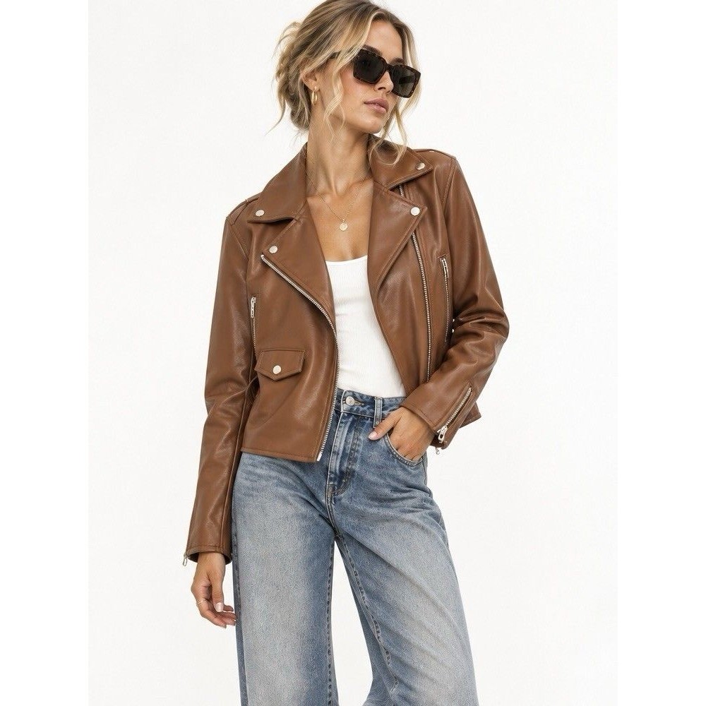 BLANKNYC Cognac Brown Vegan Leather Moto Biker Jacket Silver Hardware Medium
